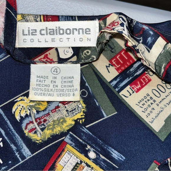 Vintage Liz Claiborne 100% Silk Novelty Bookmark Print Button Down Blouse Size 4 - Picture 3 of 8